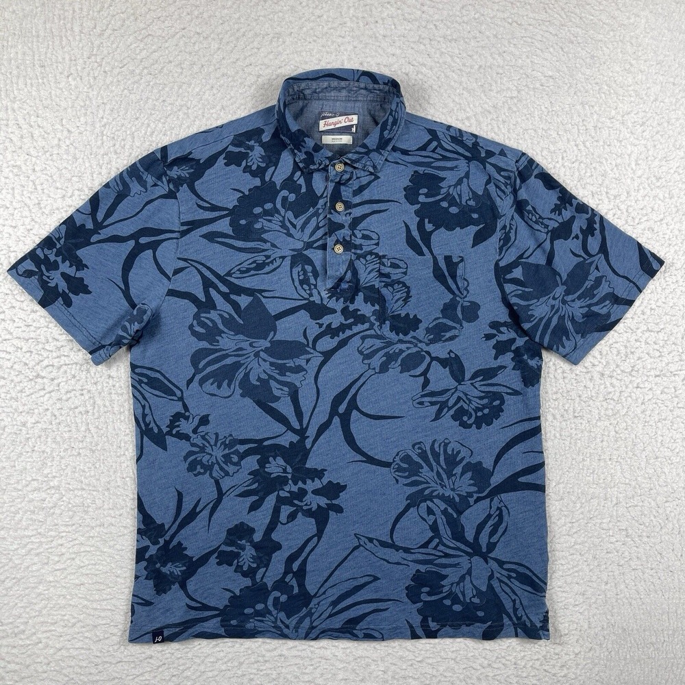 Johnnie-O Polo Shirt Mens Medium Blue Floral‎ Tropical Travel Vacation Golfer